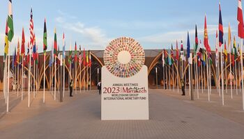 Entrance to the annual meeting of the World Bank and the International Monetary Fund in Marrakesh, 2023